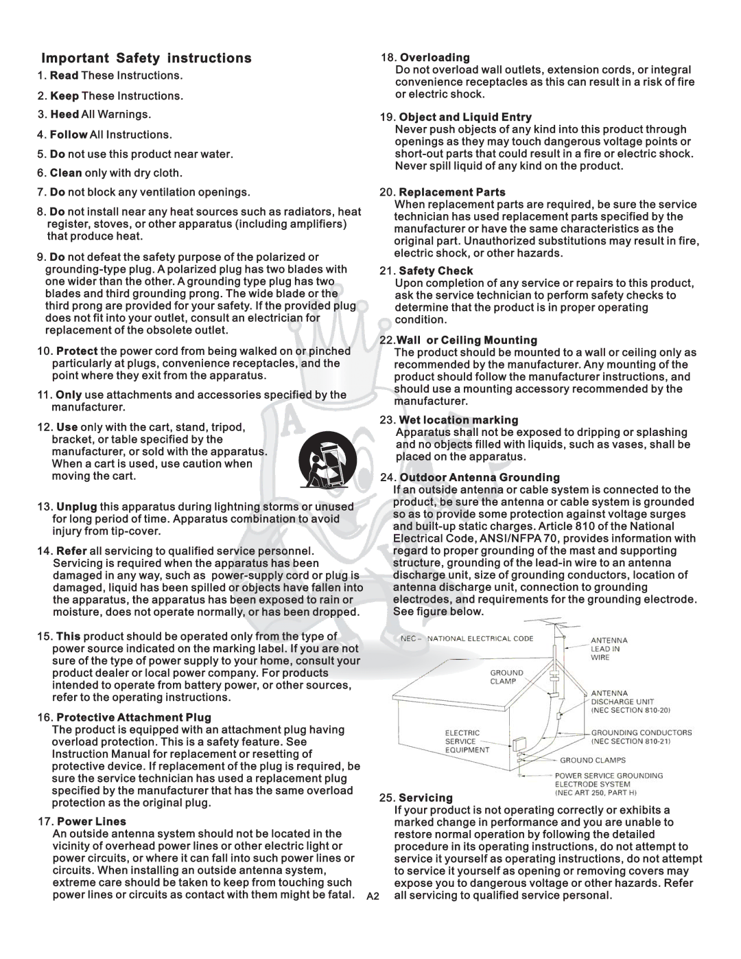 Acesonic DGX-109 user manual Important Safety instructions 