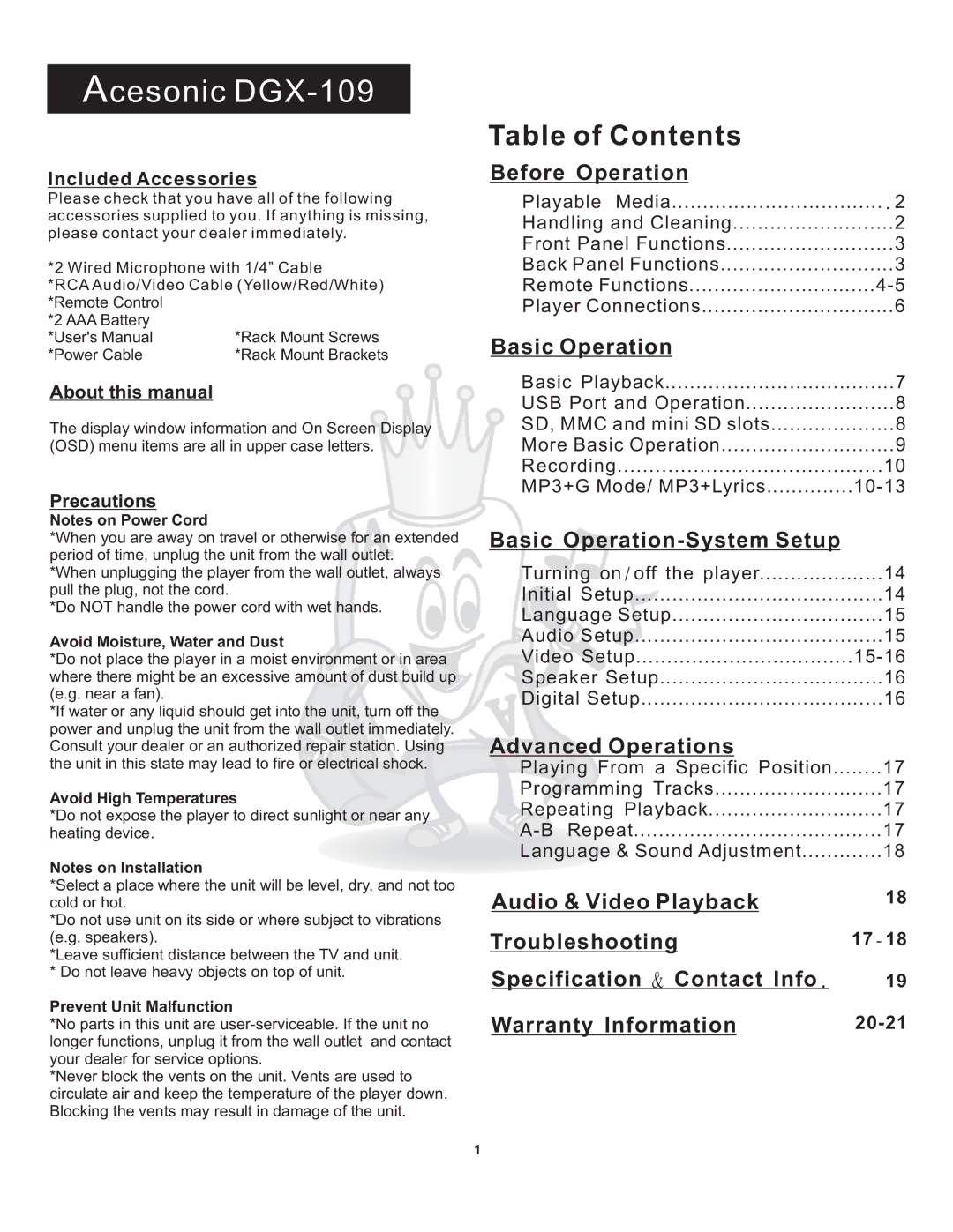 Acesonic user manual Acesonic DGX-109, Table of Contents 