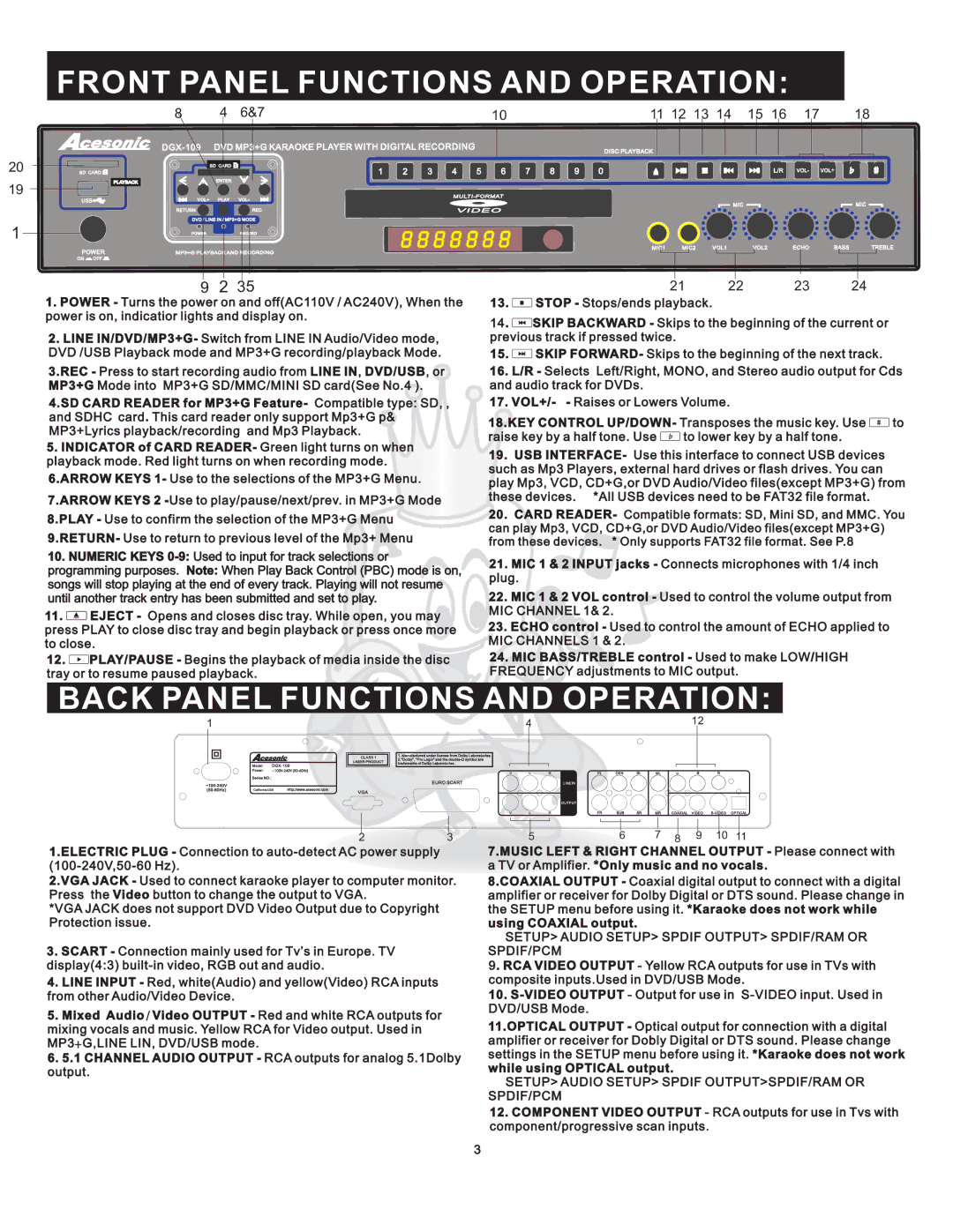 Acesonic DGX-109 user manual Front Panel Functions and Operation 