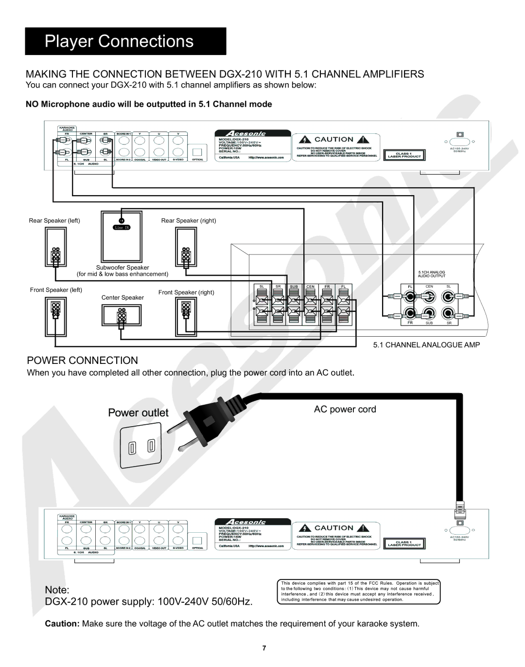 Acesonic DGX-210 user manual Power Connection, No Microphone audio will be outputted in 5.1 Channel mode 