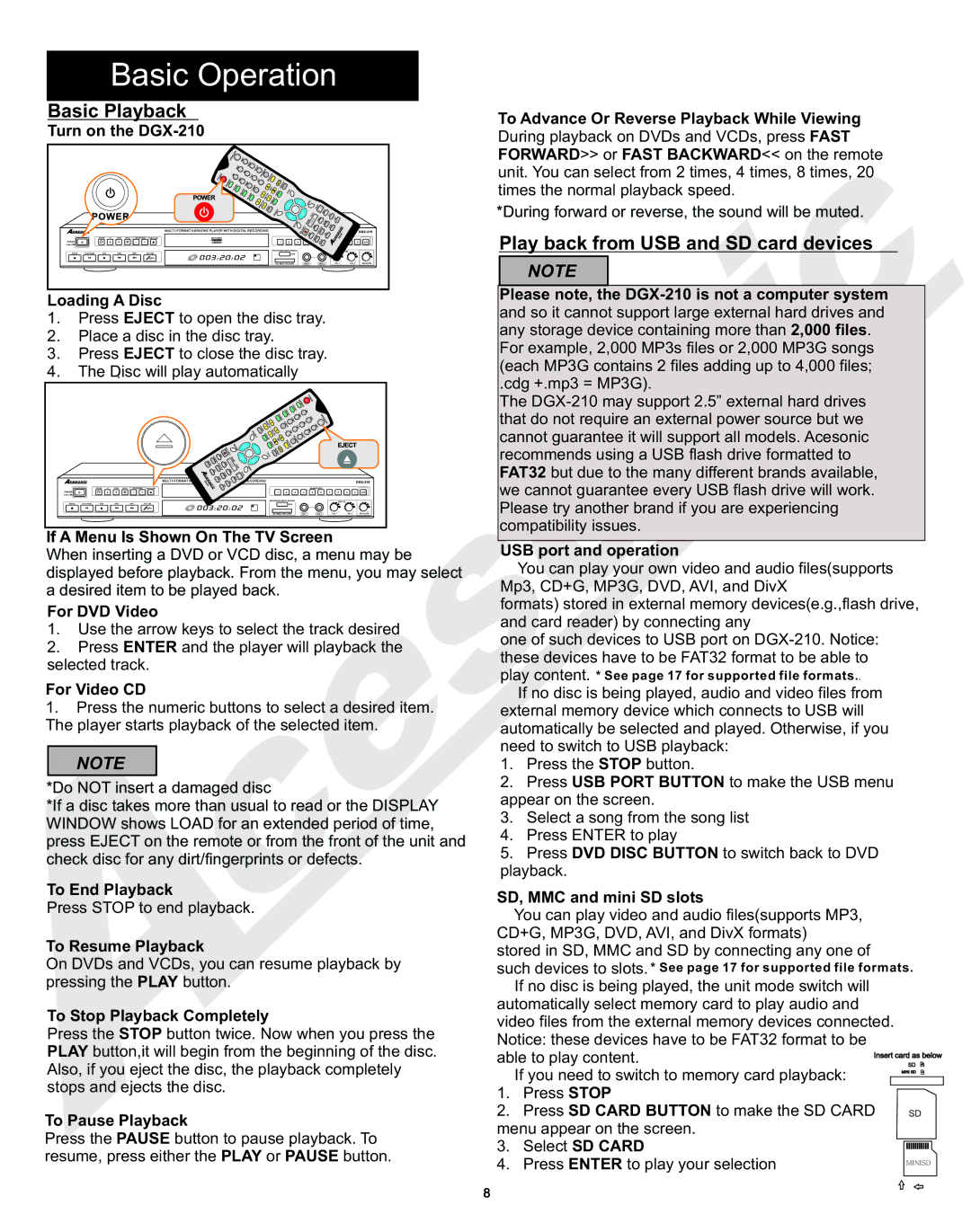 Acesonic DGX-210 user manual Basic Operation, Basic Playback, Play back from USB and SD card devices 