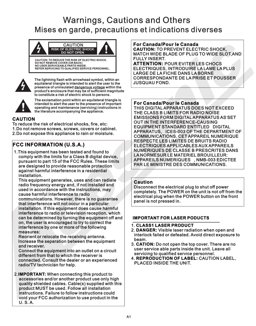 Acesonic DGX-210 user manual FCC Information U.S.A, Important for Laser Poducts CLASS1 Laser Product 