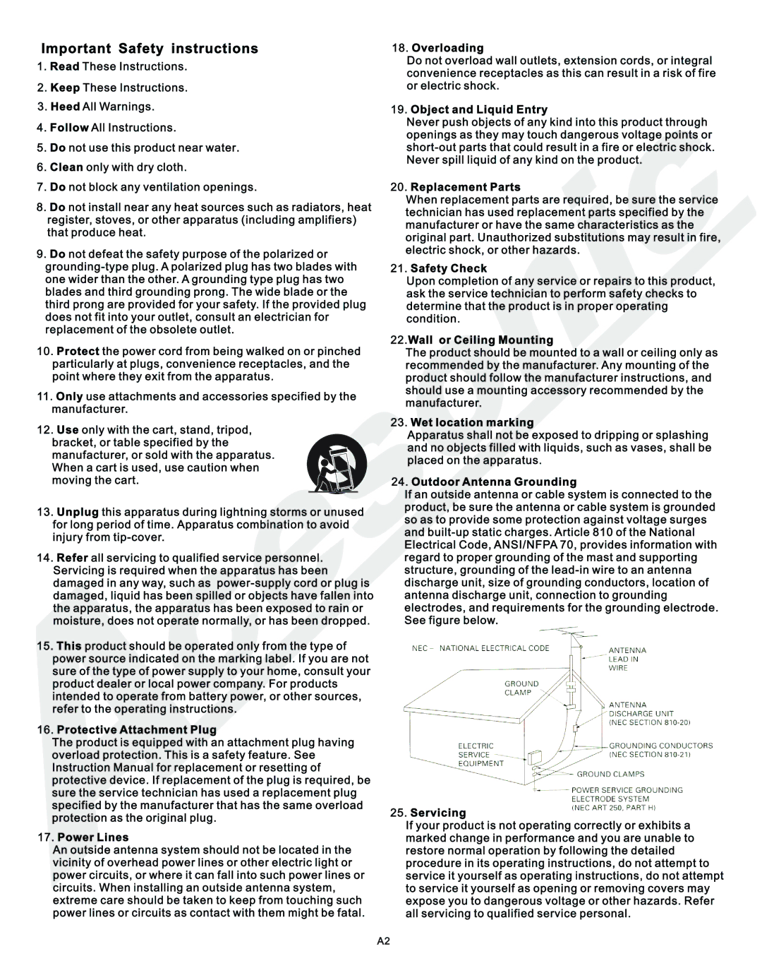 Acesonic DGX-210 user manual Important Safety instructions 