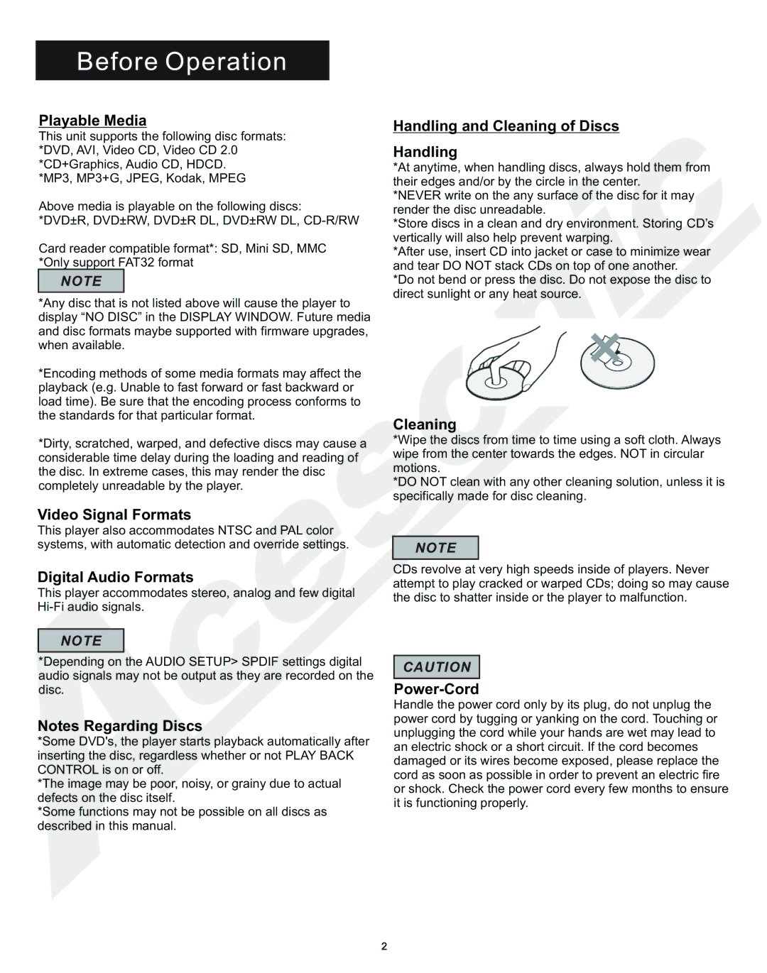 Acesonic DGX-210 user manual Before Operation 