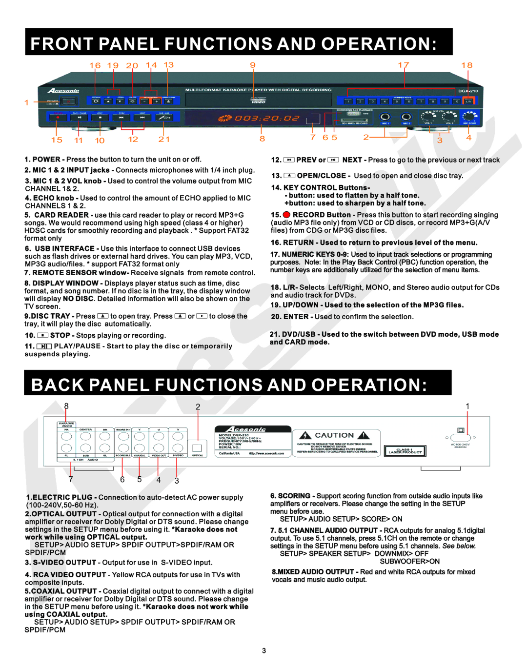 Acesonic DGX-210 user manual Front Panel Functions and Operation 