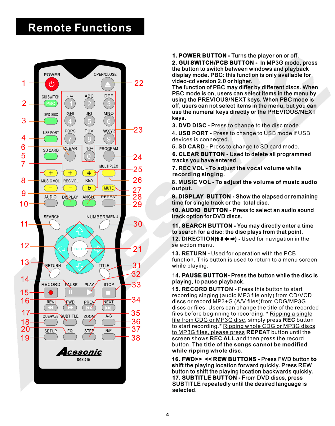 Acesonic DGX-210 user manual Power Button Turns the player on or off, GUI SWITCH/PCB Button In MP3G mode, press, Keys 