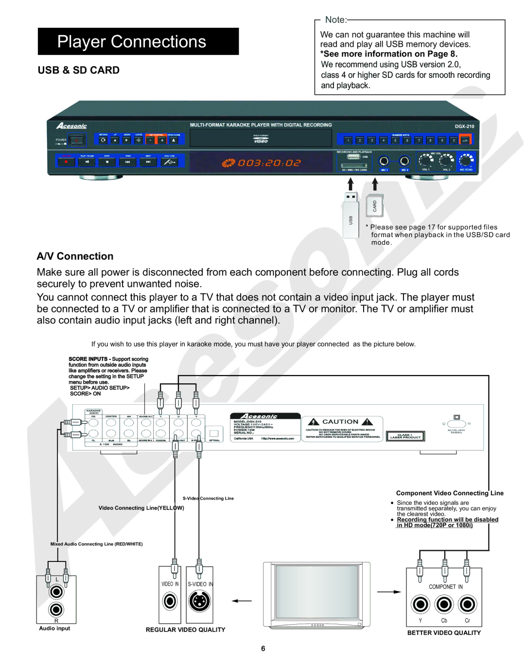 Acesonic DGX-210 user manual Player Connections, USB & SD Card, See more information on 