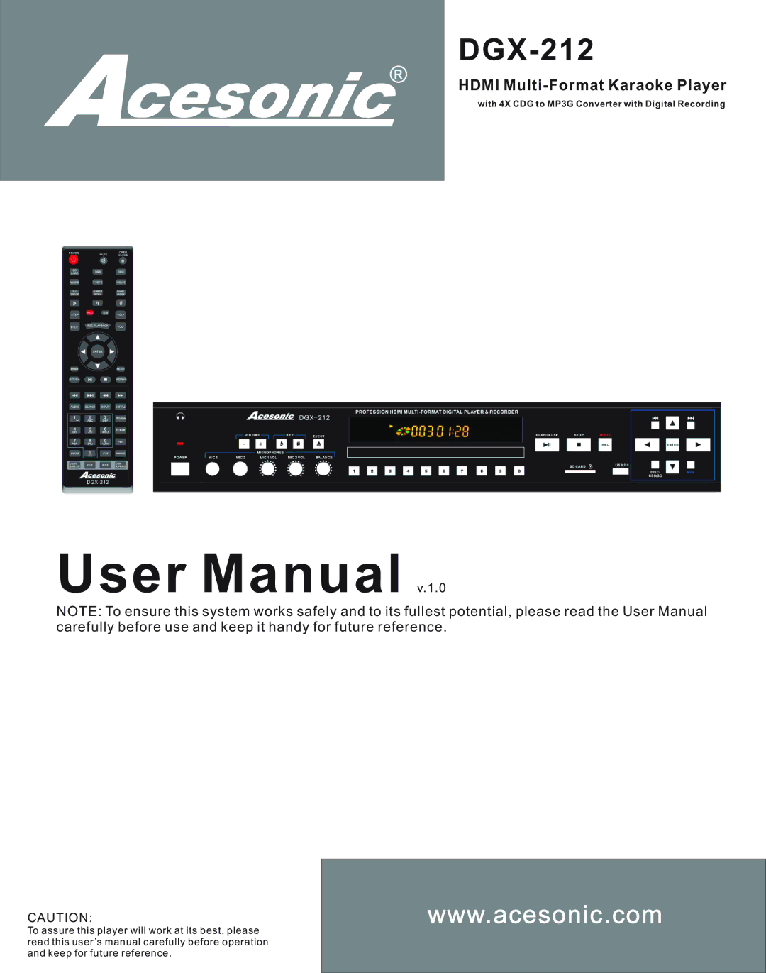 Acesonic DGX-212 user manual Hdmi Multi-Format Karaoke Player 