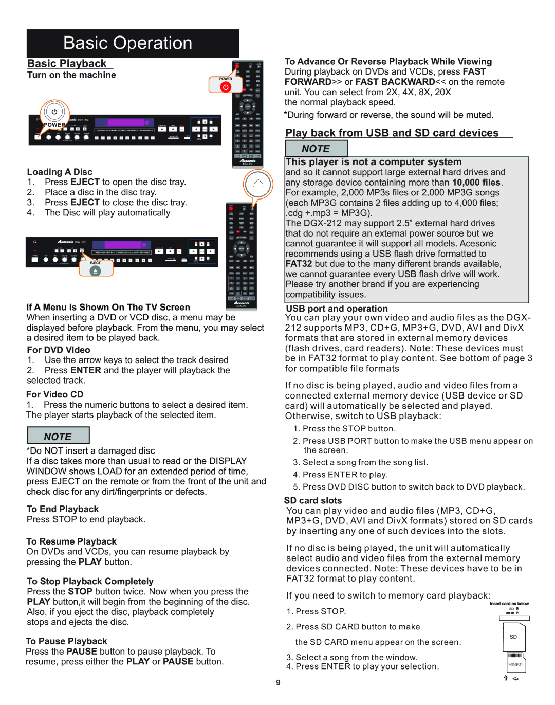 Acesonic DGX-212 user manual Basic Operation, Basic Playback, Play back from USB and SD card devices 