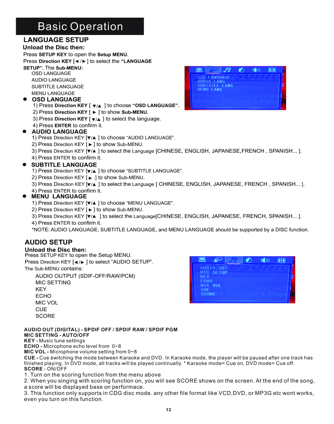 Acesonic DGX-212 user manual Language Setup, Audio Setup 