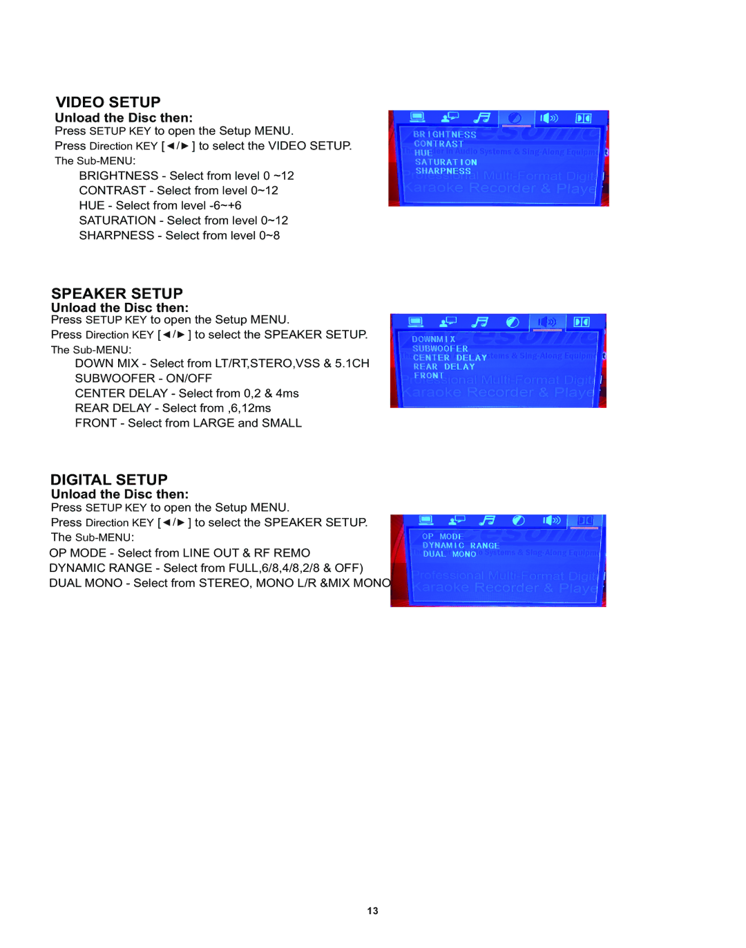 Acesonic DGX-212 user manual Video Setup, Speaker Setup, Digital Setup 