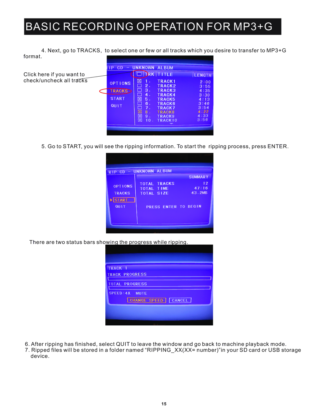 Acesonic DGX-212 user manual Basic Recording Operation for MP3+G 