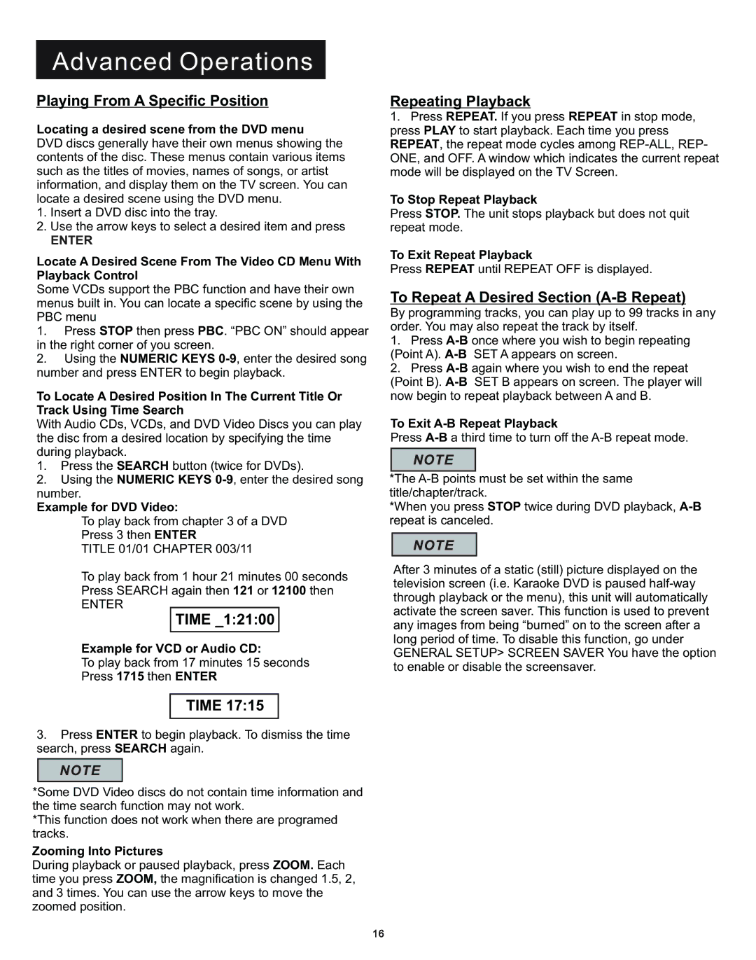 Acesonic DGX-212 user manual Advanced Operations, Playing From a Specific Position, Time, Repeating Playback 