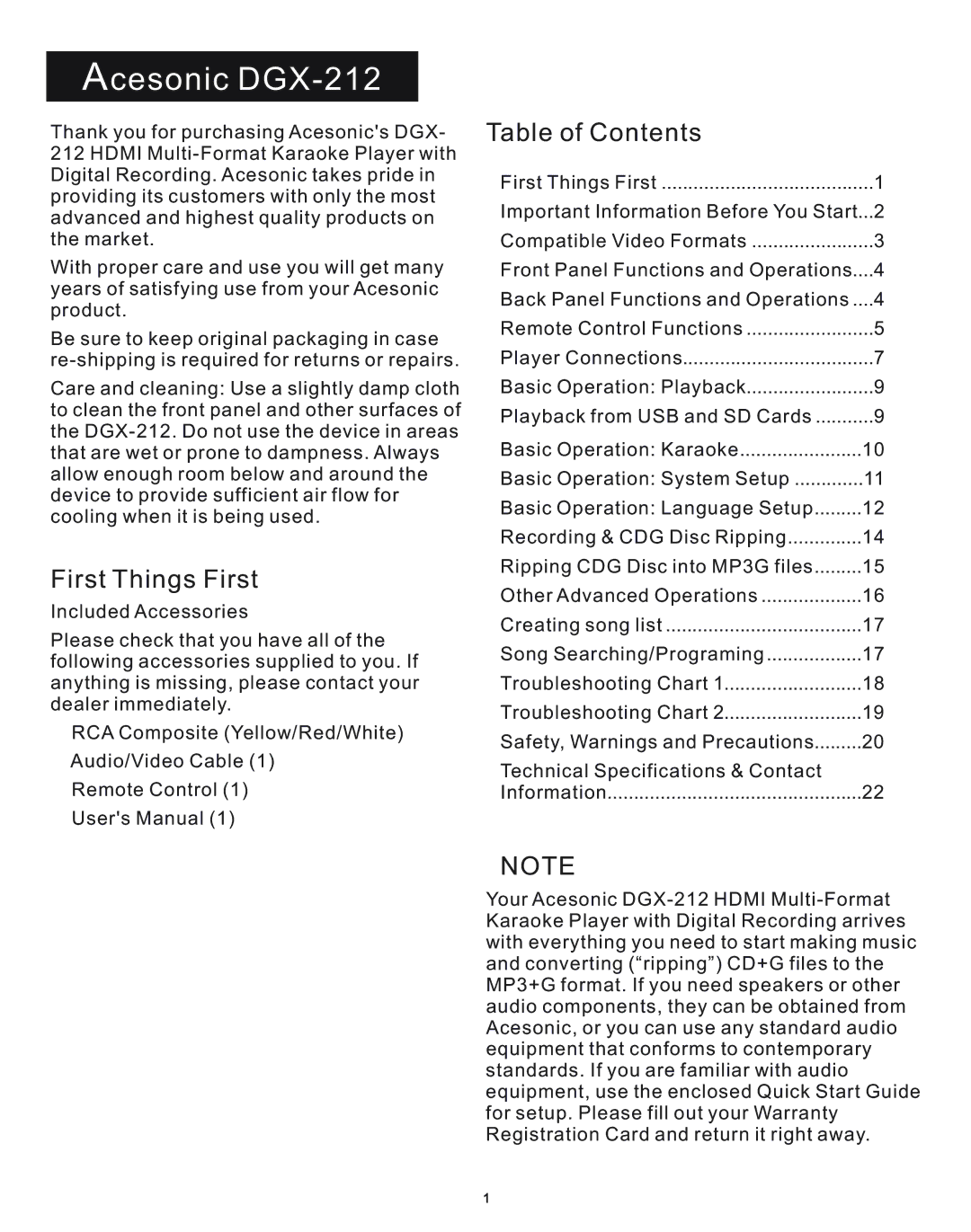 Acesonic user manual Acesonic DGX-212, First Things First 