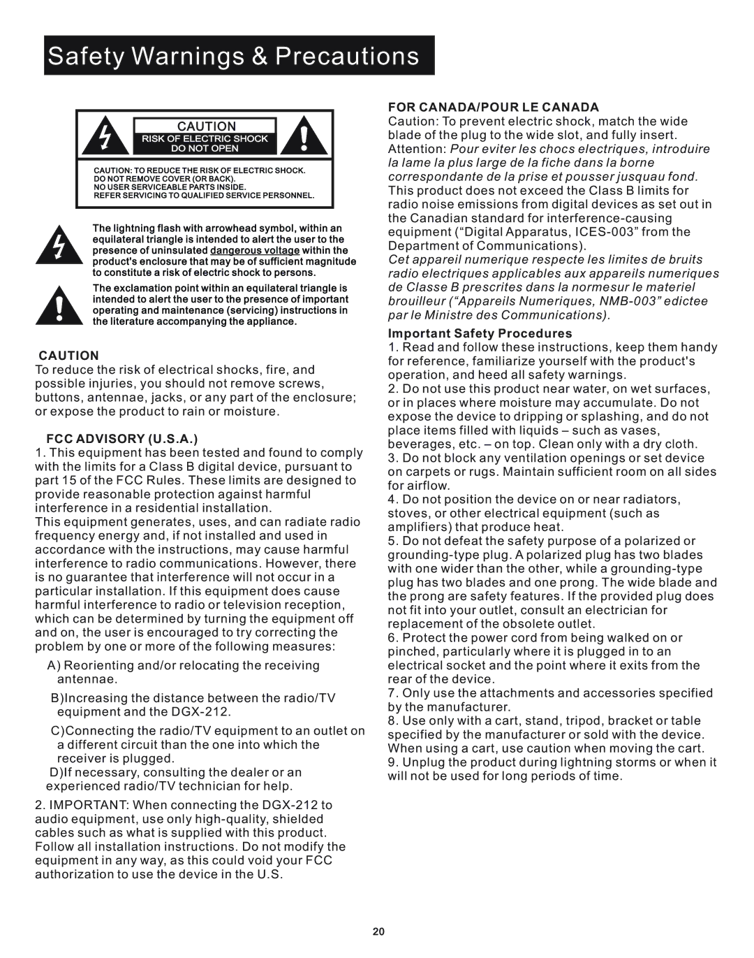 Acesonic DGX-212 user manual Safety Warnings & Precautions, Important Safety Procedures 