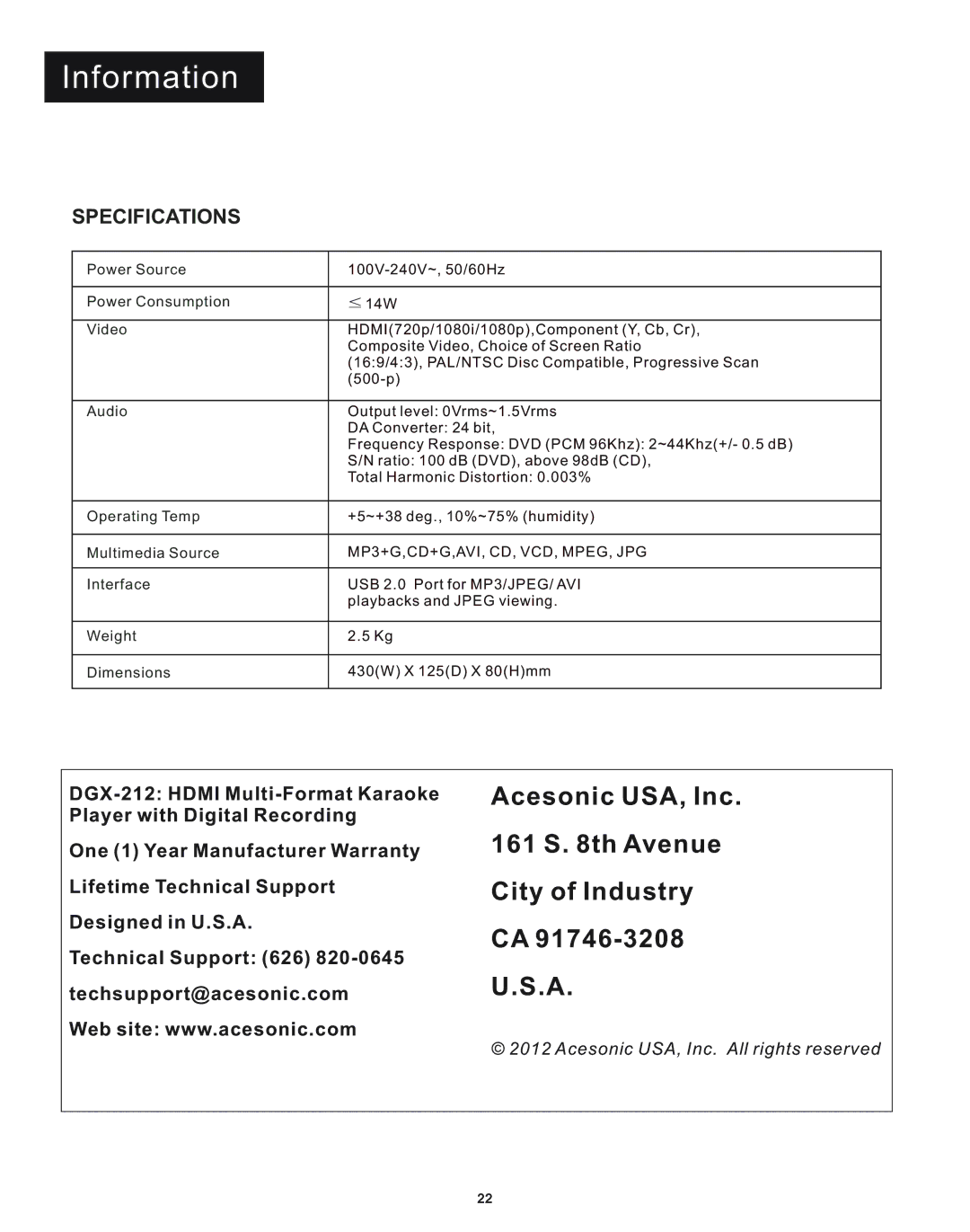 Acesonic DGX-212 user manual Information, Techsupport@acesonic.comU.S.A 