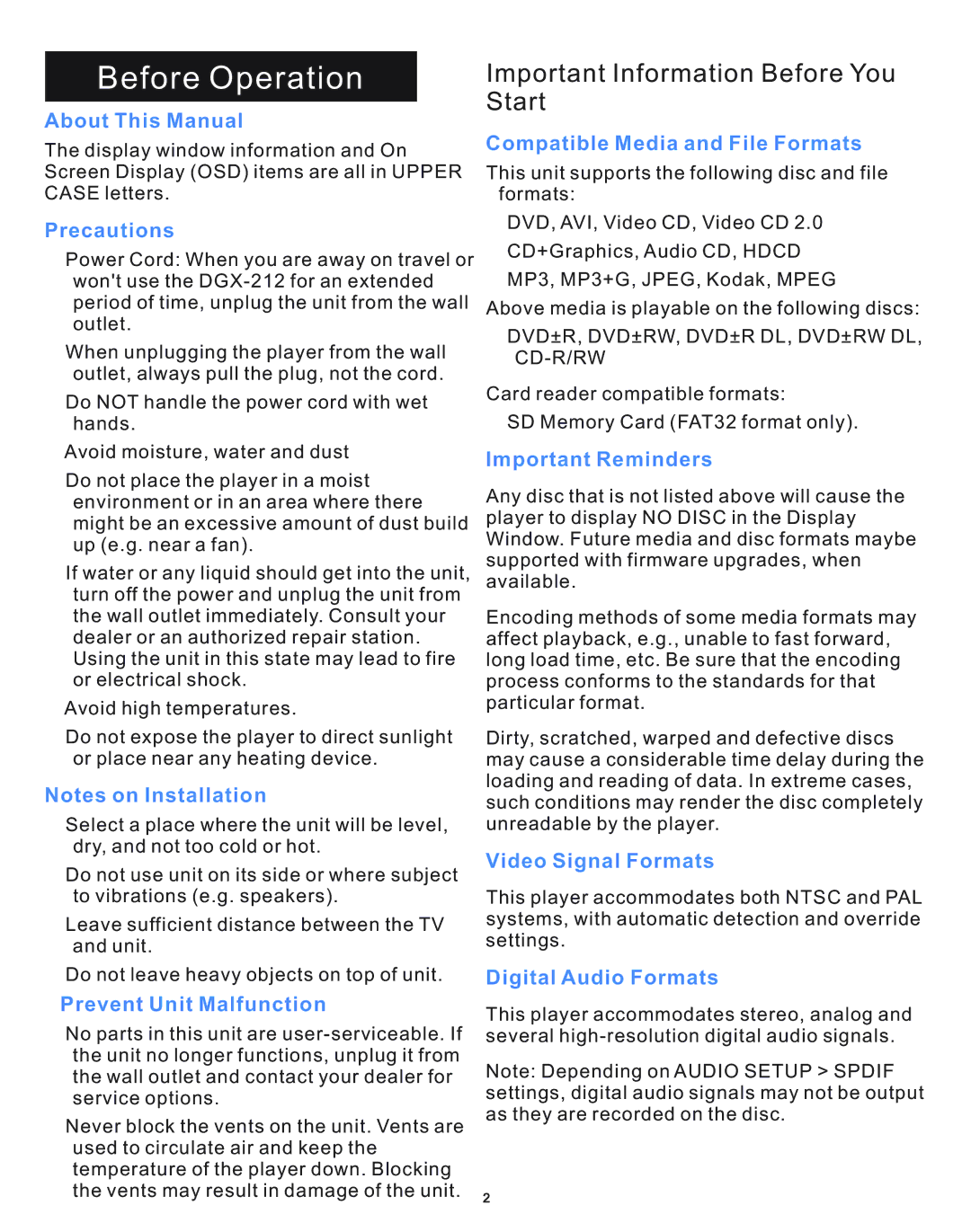 Acesonic DGX-212 user manual Before Operation, Important Information Before You Start 