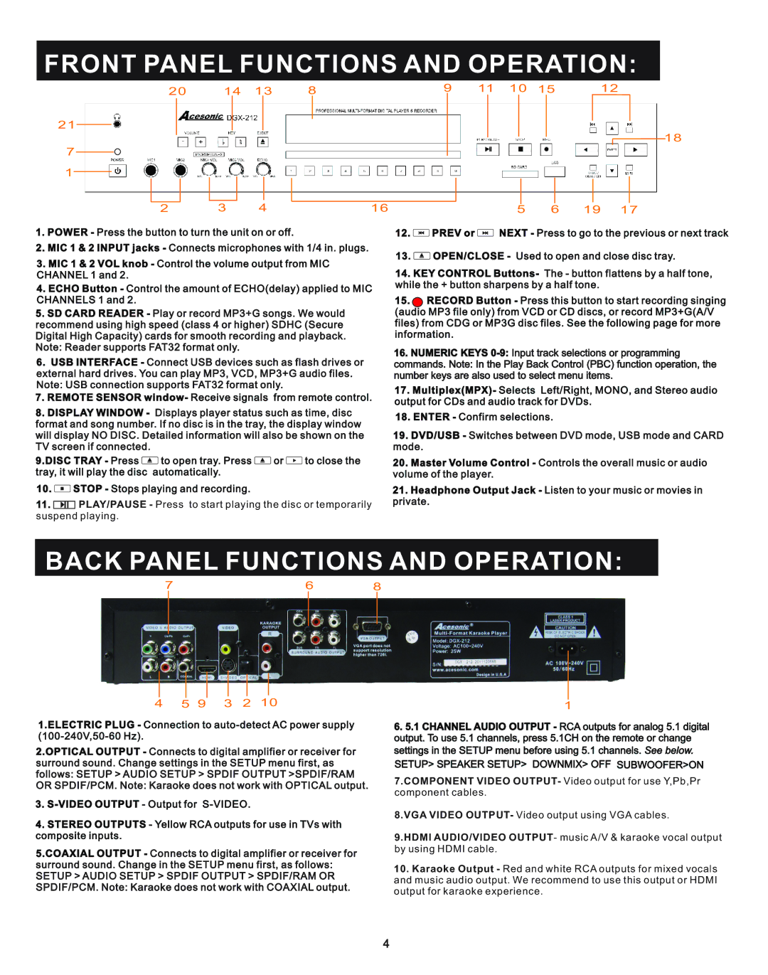 Acesonic DGX-212 user manual Front Panel Functions and Operation 