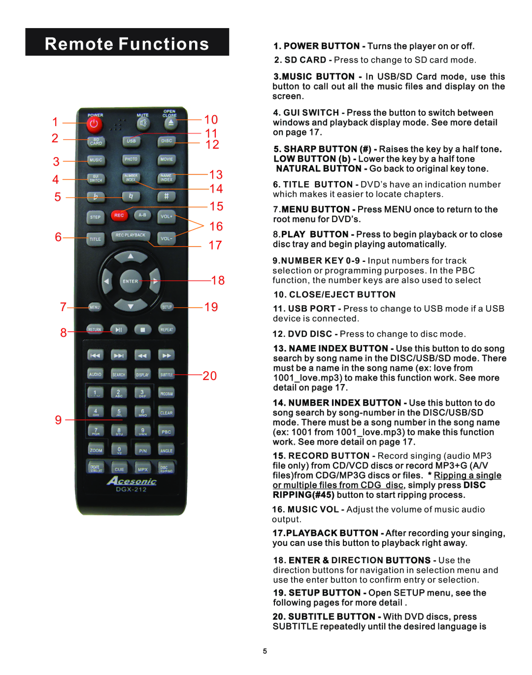 Acesonic DGX-212 user manual Remote Functions, Power Button Turns the player on or off 