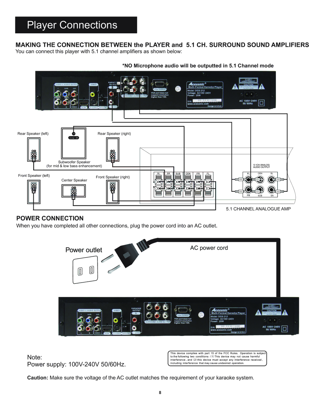 Acesonic DGX-212 user manual Power Connection, No Microphone audio will be outputted in 5.1 Channel mode 