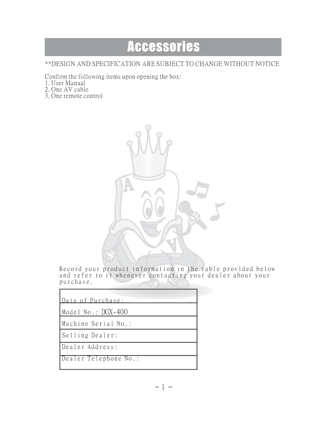 Acesonic DGX-400 user manual Accessories 