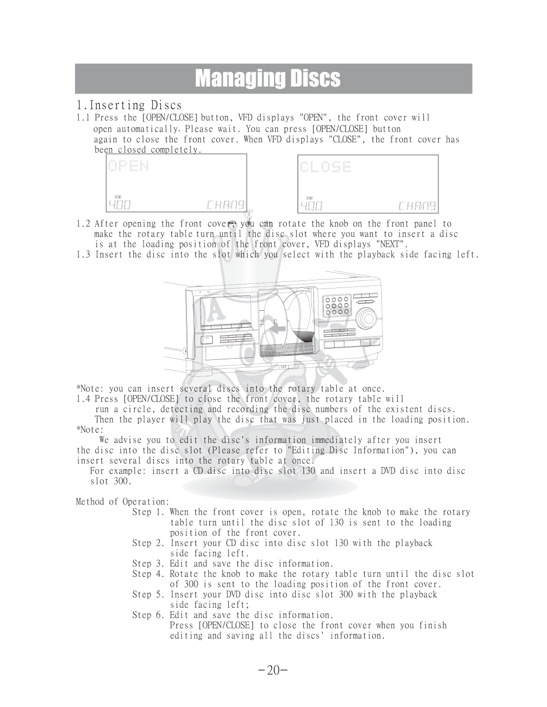 Acesonic DGX-400 user manual Managing Discs, Inserting Discs 