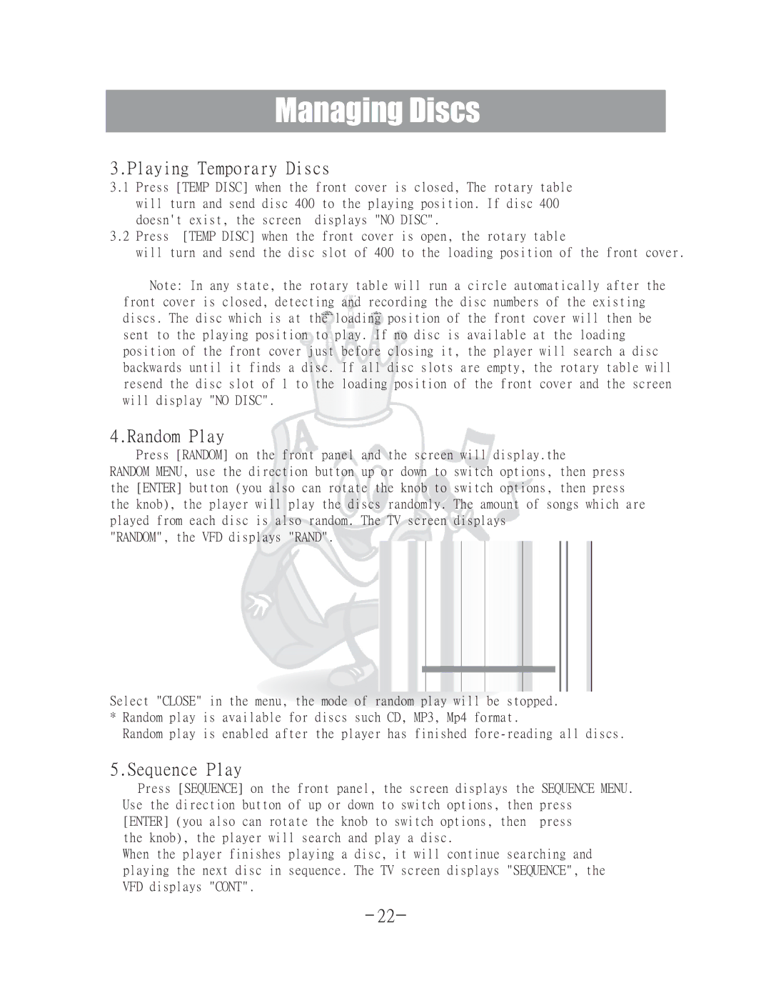 Acesonic DGX-400 user manual Playing Temporary Discs, Random Play, Sequence Play 