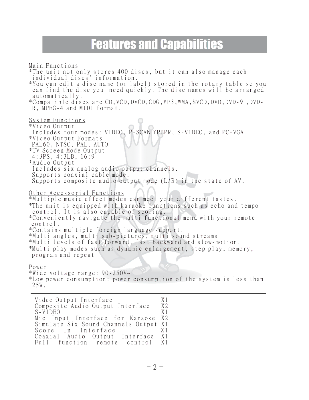 Acesonic DGX-400 user manual Features and Capabilities, Mic Input Interface for Karaoke 