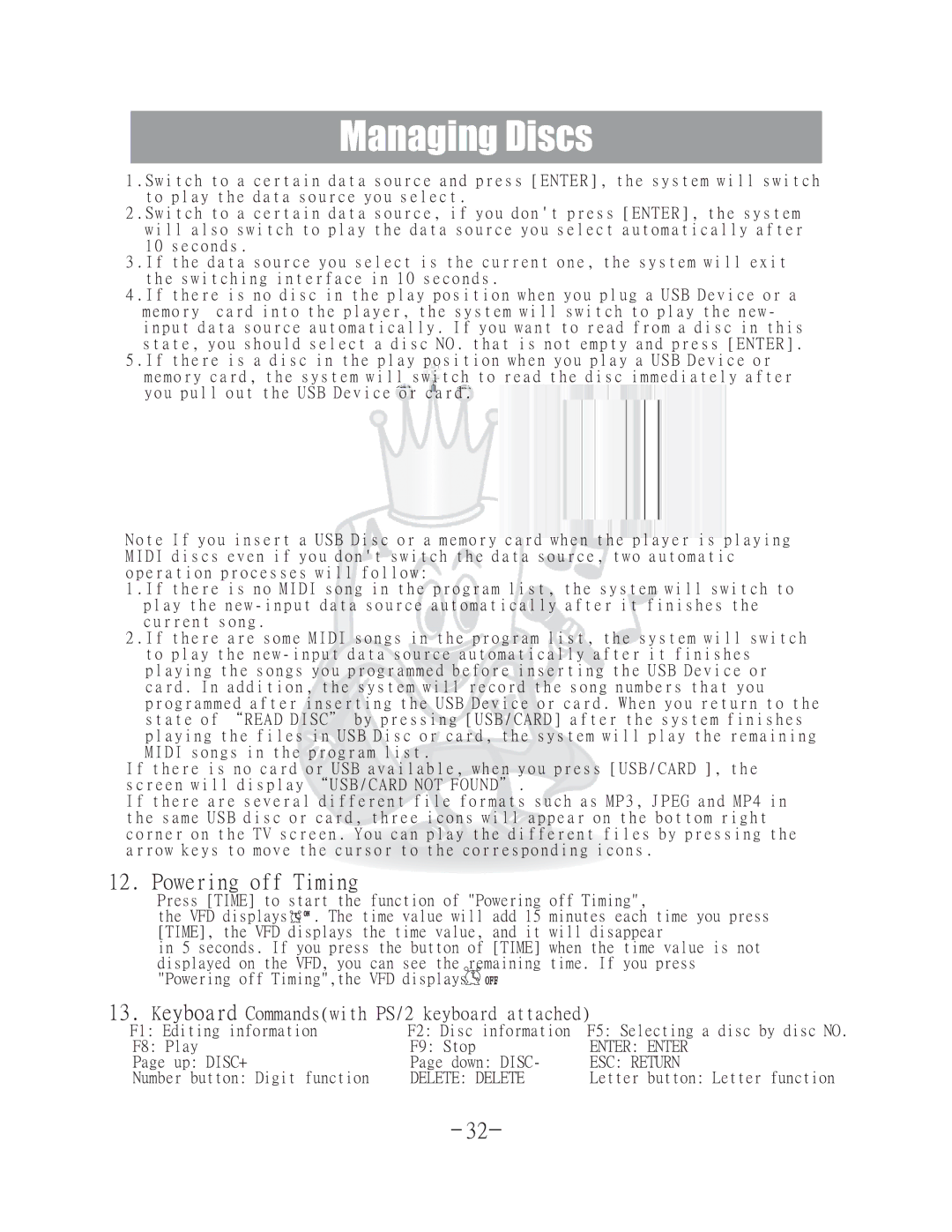 Acesonic DGX-400 user manual Powering off Timing, Keyboard Commandswith PS/2 keyboard attached 