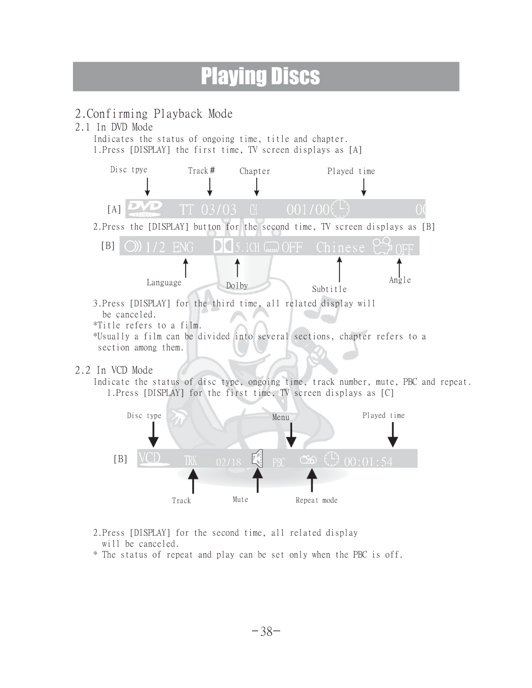 Acesonic DGX-400 user manual Confirming Playback Mode, DVD Mode, VCD Mode 