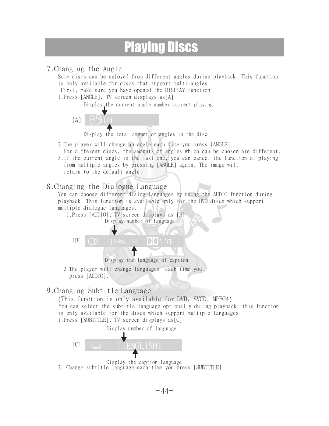 Acesonic DGX-400 user manual Changing the Angle, Changing the Dialogue Language, Changing Subtitle Language 