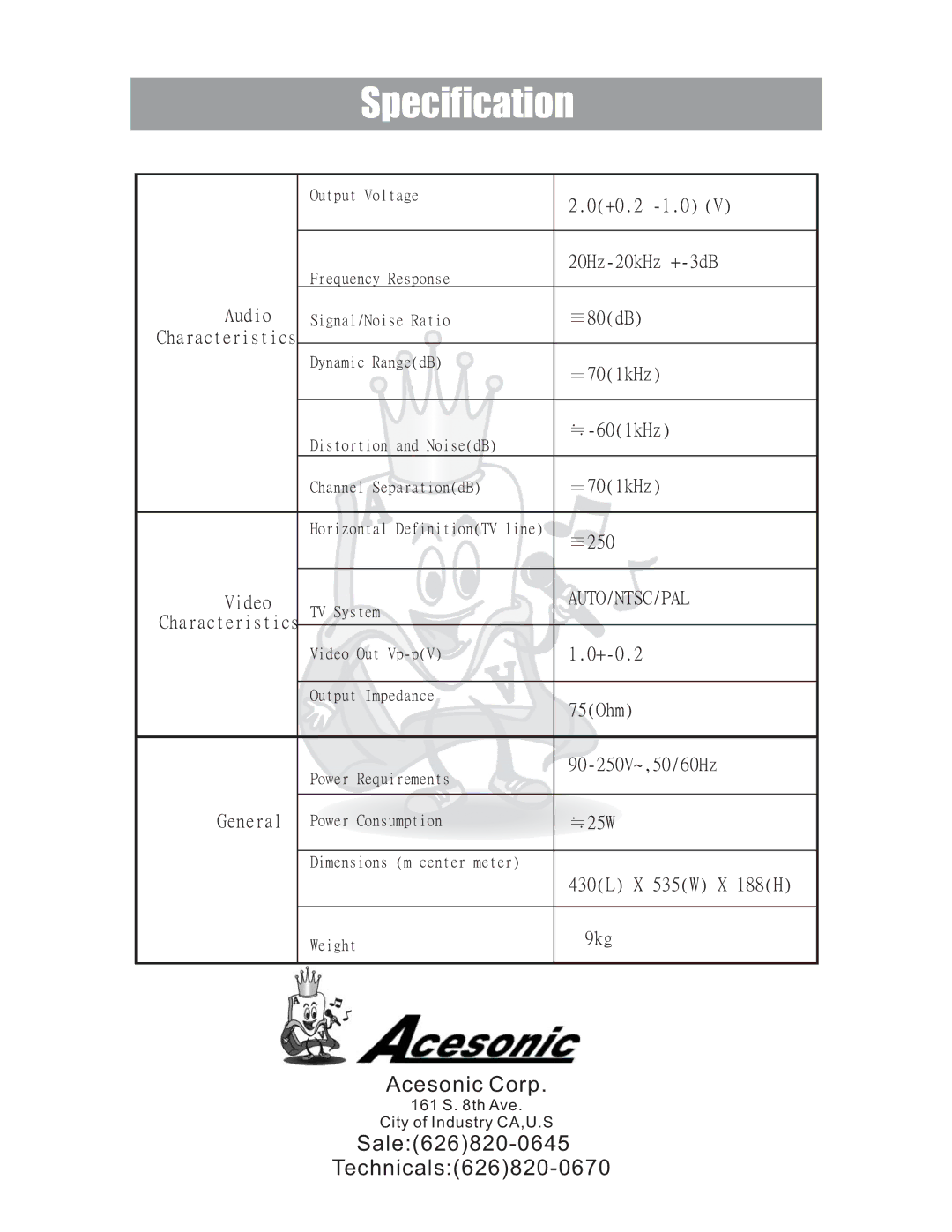 Acesonic DGX-400 user manual Specification 