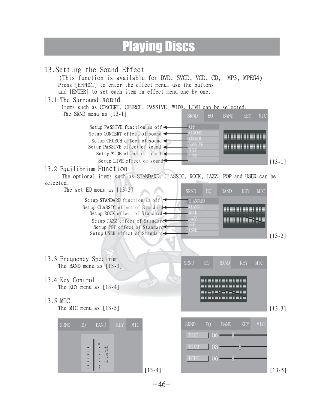 Acesonic DGX-400 user manual Setting the Sound Effect, Playing Discs 