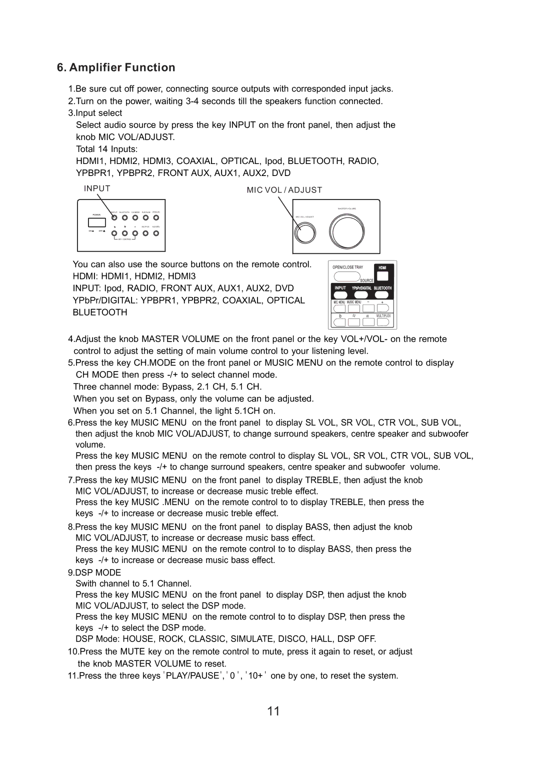 Acesonic DKR-510 user manual Amplifier Function, Input MIC VOL / Adjust 