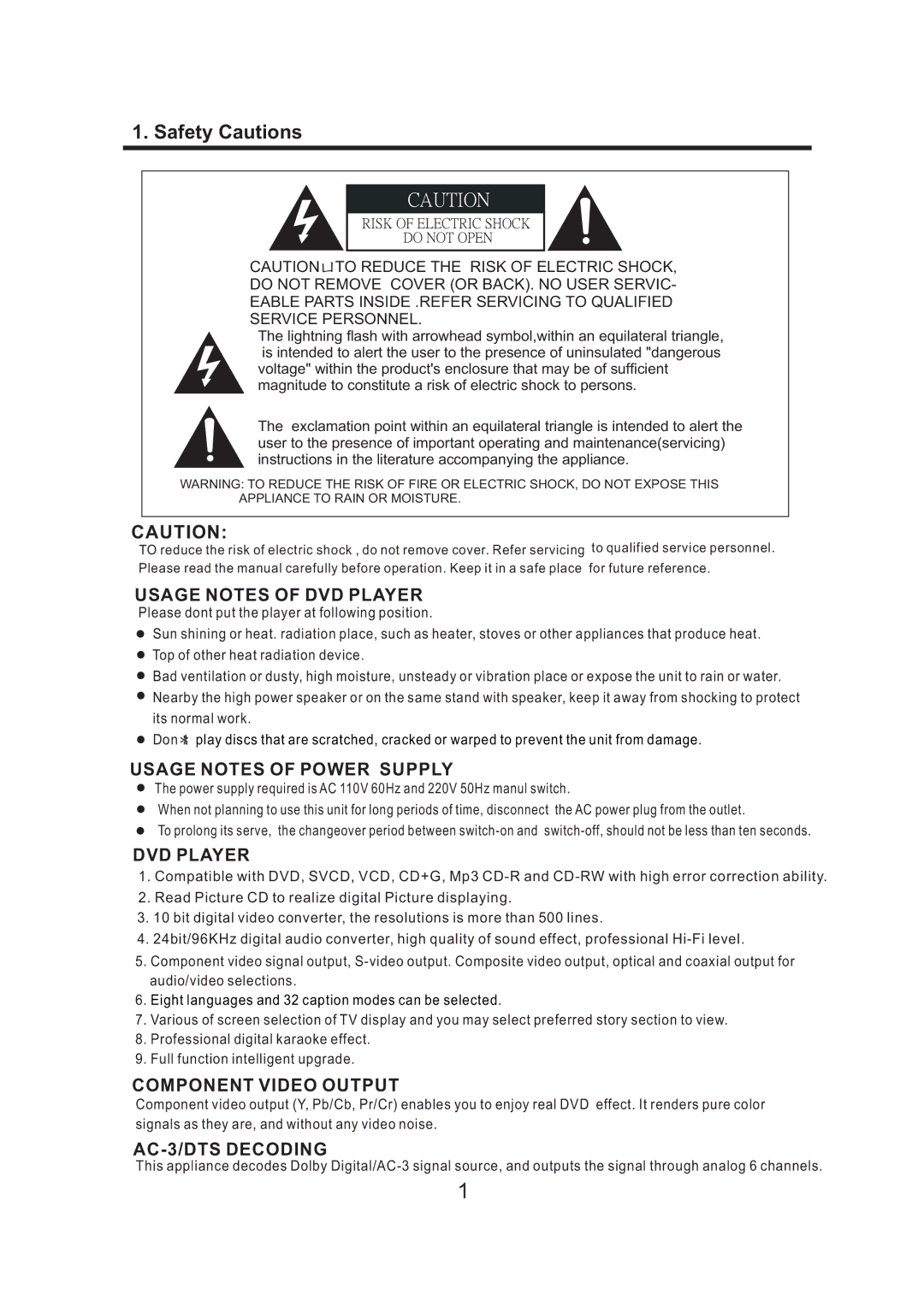 Acesonic DKR-510 user manual Safety Cautions, Usage Notes of DVD Player 