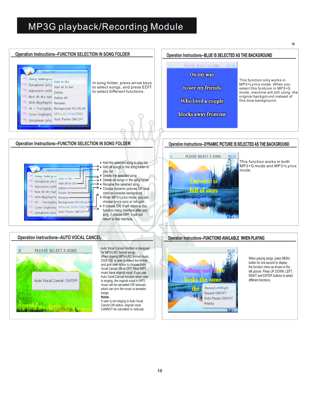 Acesonic KJV-835 Operation Instructions--AUTO Vocal Cancel, Operation Instructions--FUNCTION Selection in Song Folder 