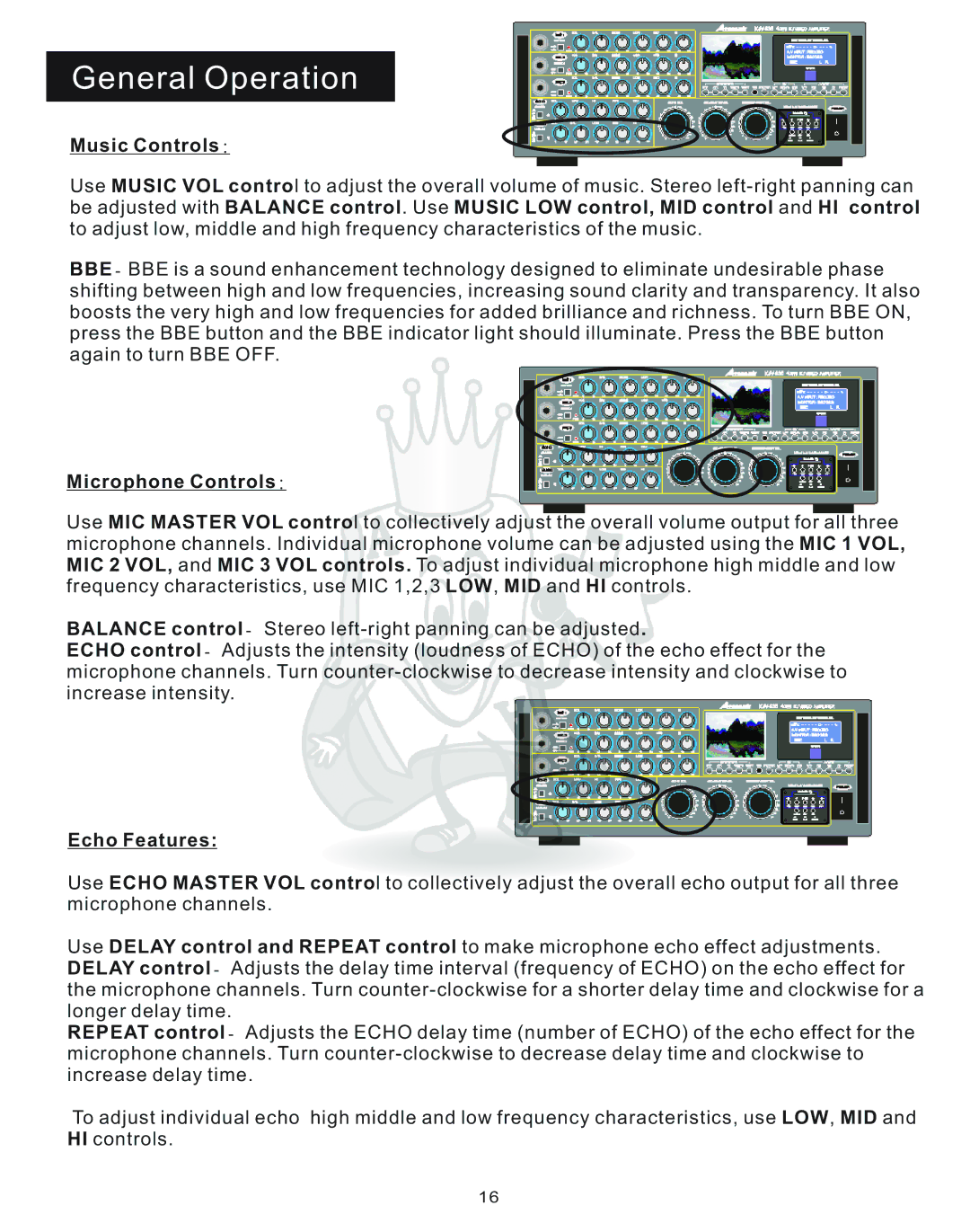 Acesonic KJV-835 user manual Music Controls, Microphone Controls, Echo Features 