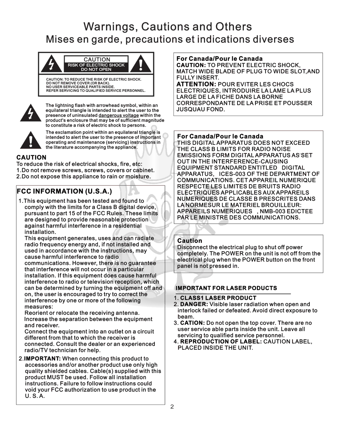 Acesonic KJV-835 user manual Mises en garde, precautions et indications diverses 