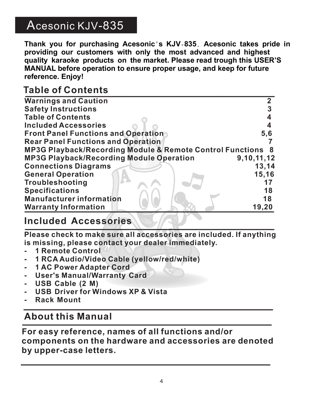 Acesonic user manual Acesonic KJV-835, Table of Contents 