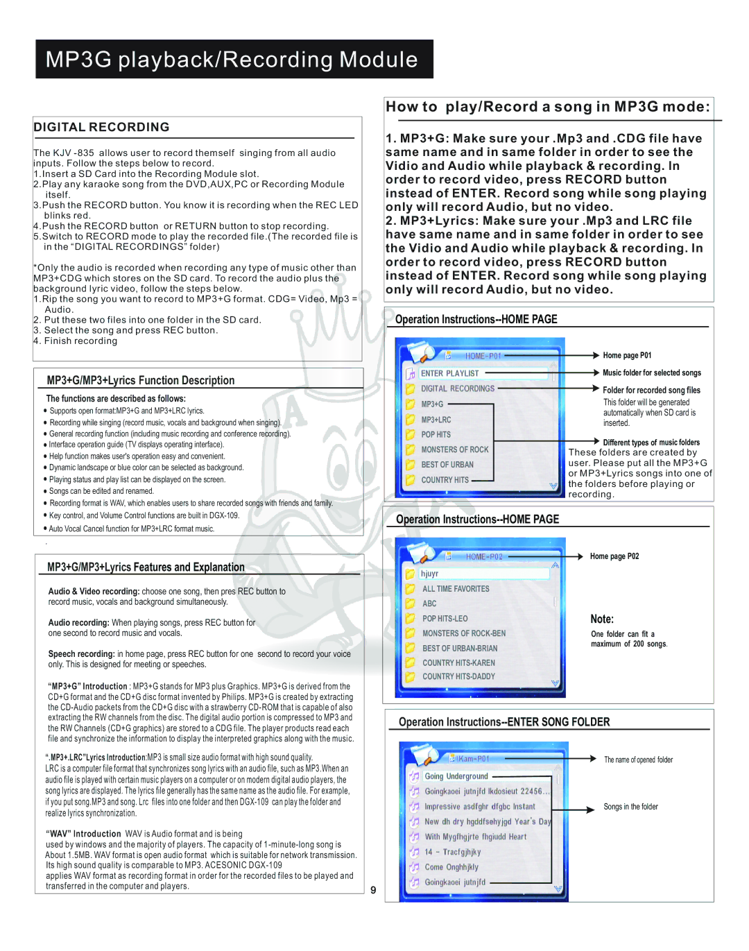 Acesonic KJV-835 user manual How to play/Record a song in MP3G mode, MP3+G/MP3+Lyrics Function Description 