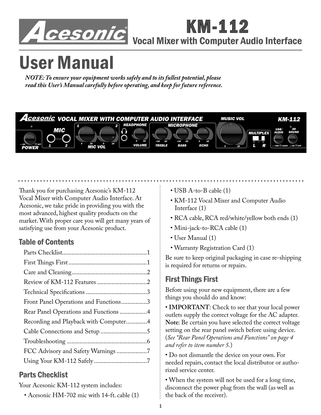 Acesonic KM-112 user manual Table of Contents, Parts Checklist, First Things First 