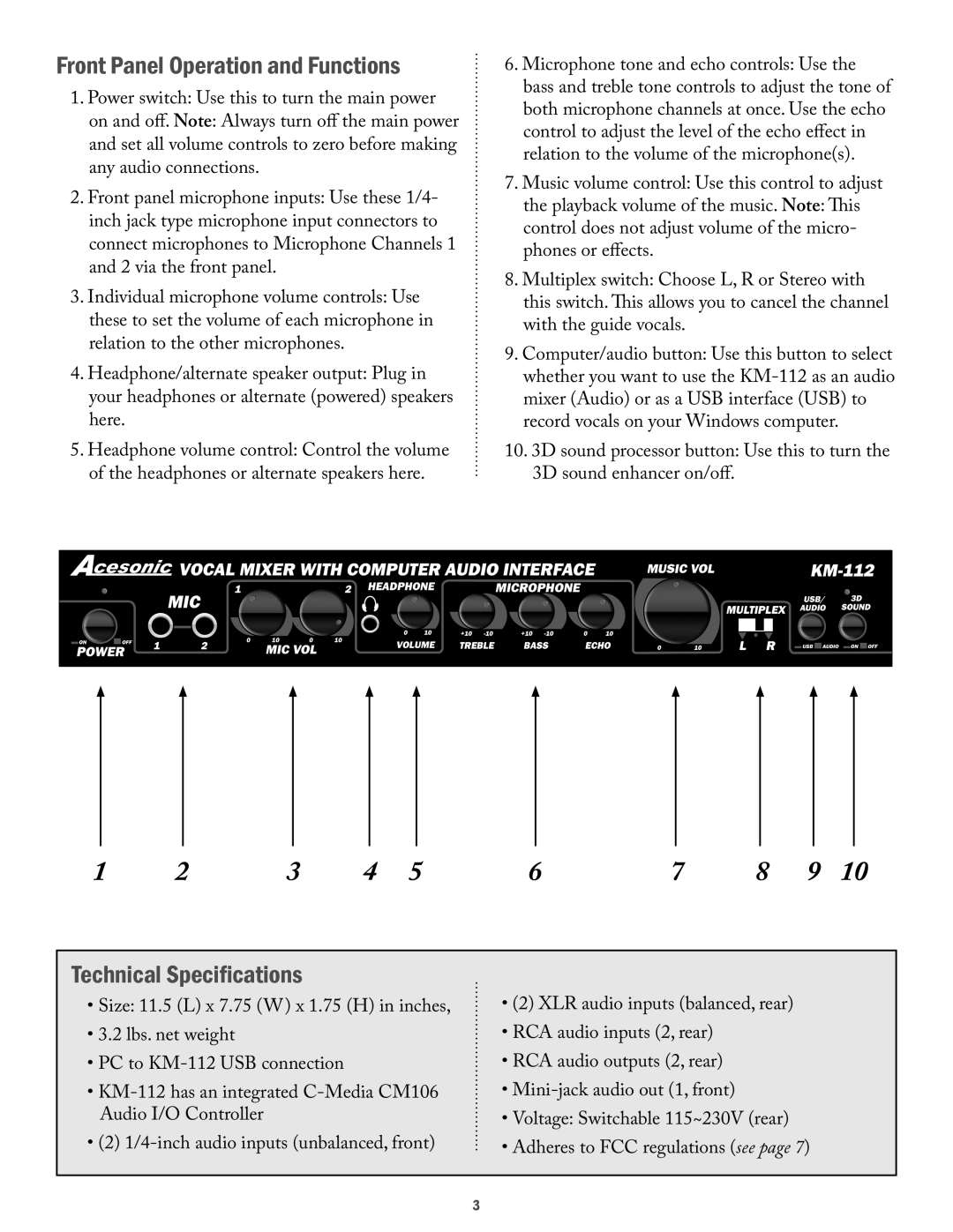 Acesonic KM-112 user manual Front Panel Operation and Functions, Technical Specifications 