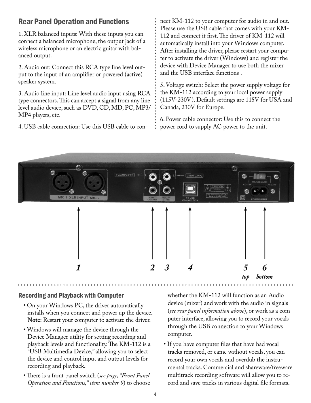 Acesonic KM-112 user manual Rear Panel Operation and Functions, Recording and Playback with Computer 