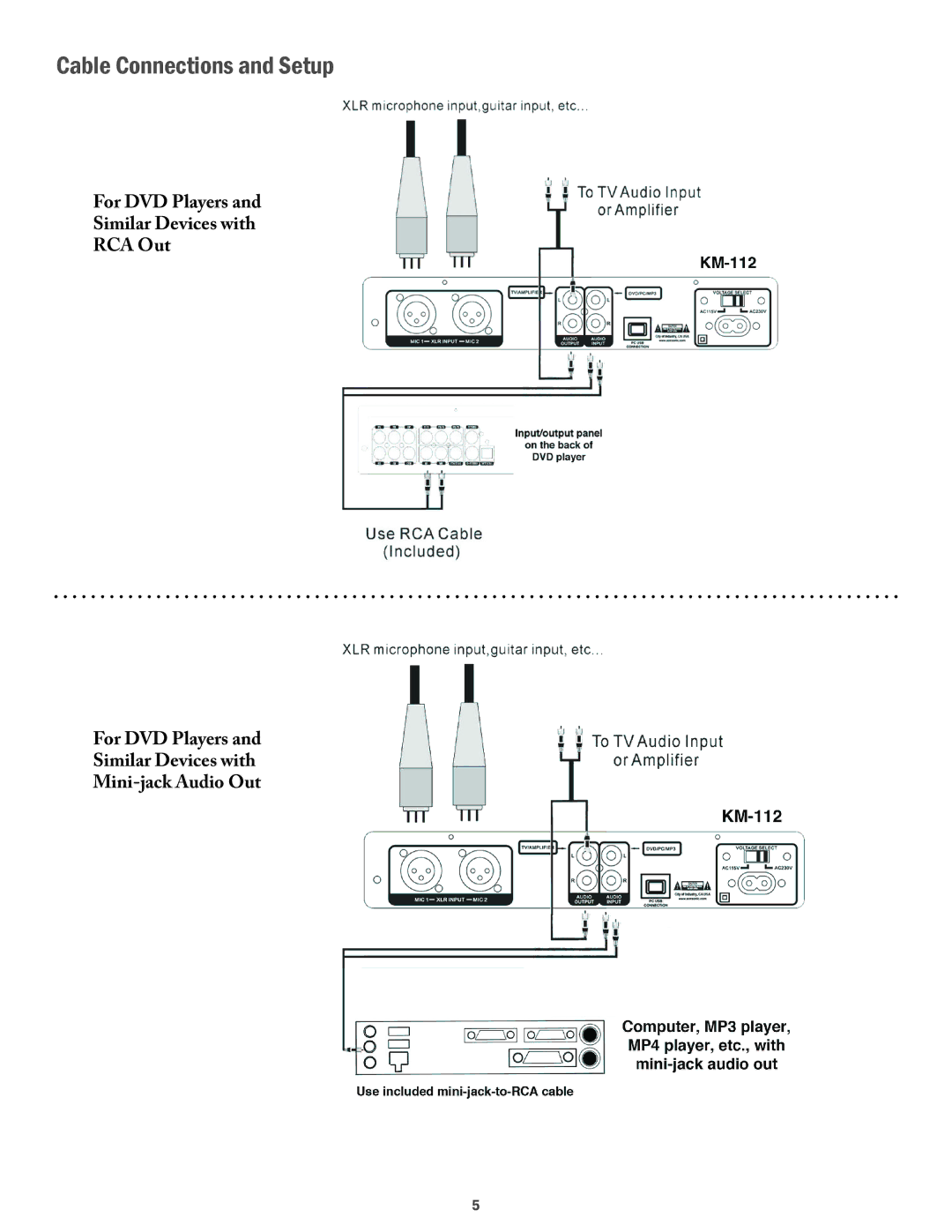 Acesonic KM-112 user manual Cable Connections and Setup 