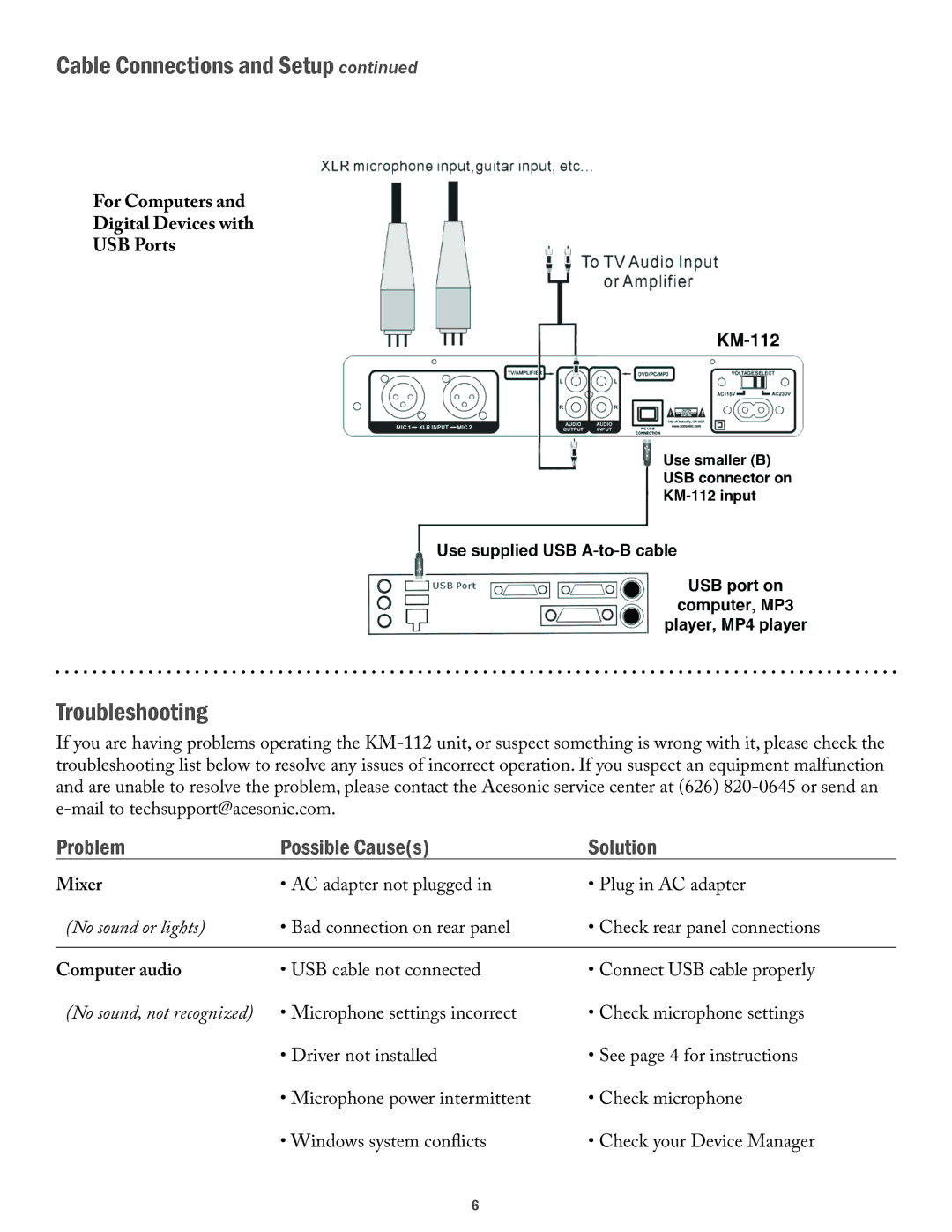 Acesonic KM-112 Troubleshooting, Problem Possible Causes Solution, For Computers Digital Devices with USB Ports, Mixer 