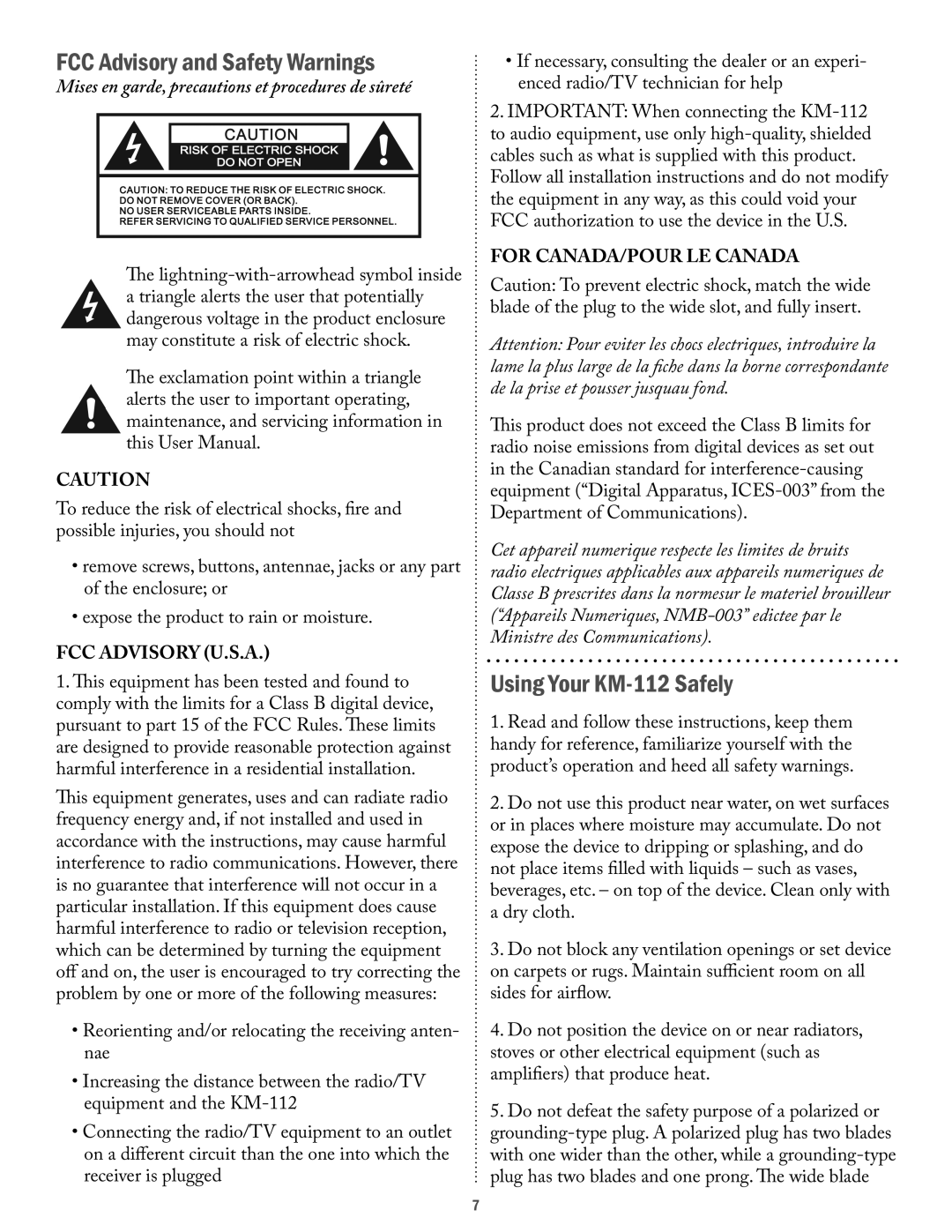 Acesonic user manual FCC Advisory and Safety Warnings, Using Your KM-112 Safely 