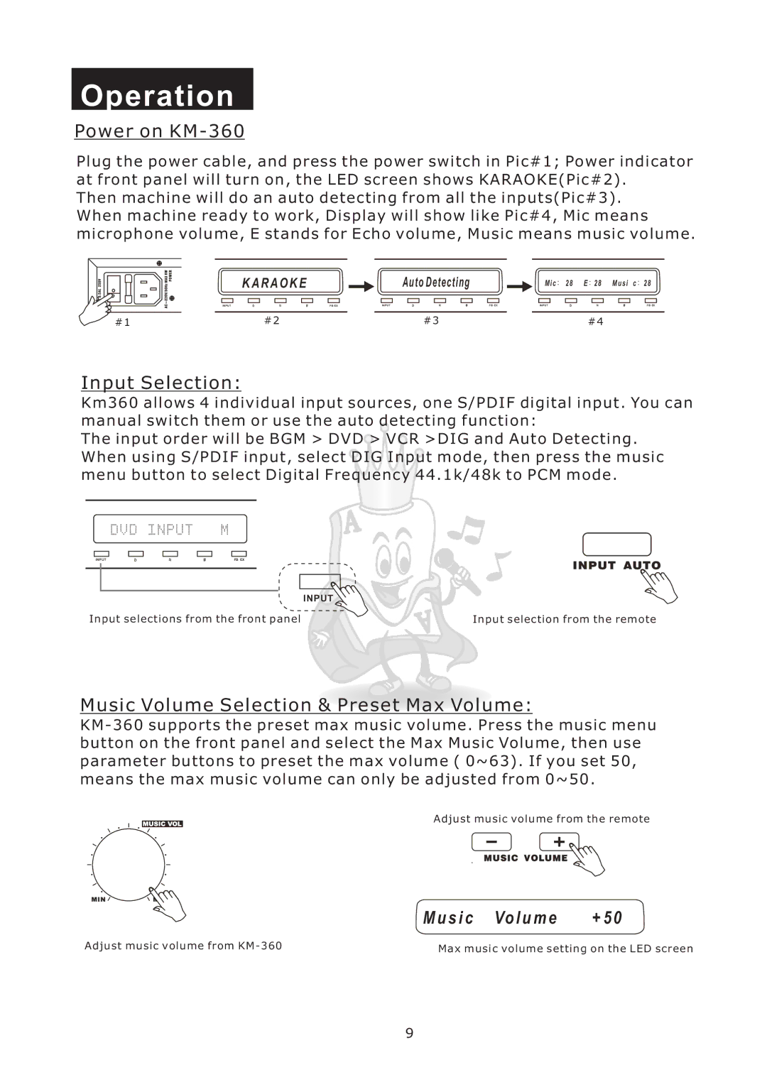 Acesonic user manual Operation, Power on KM-360, Input Selection, Music Volume Selection & Preset Max Volume 