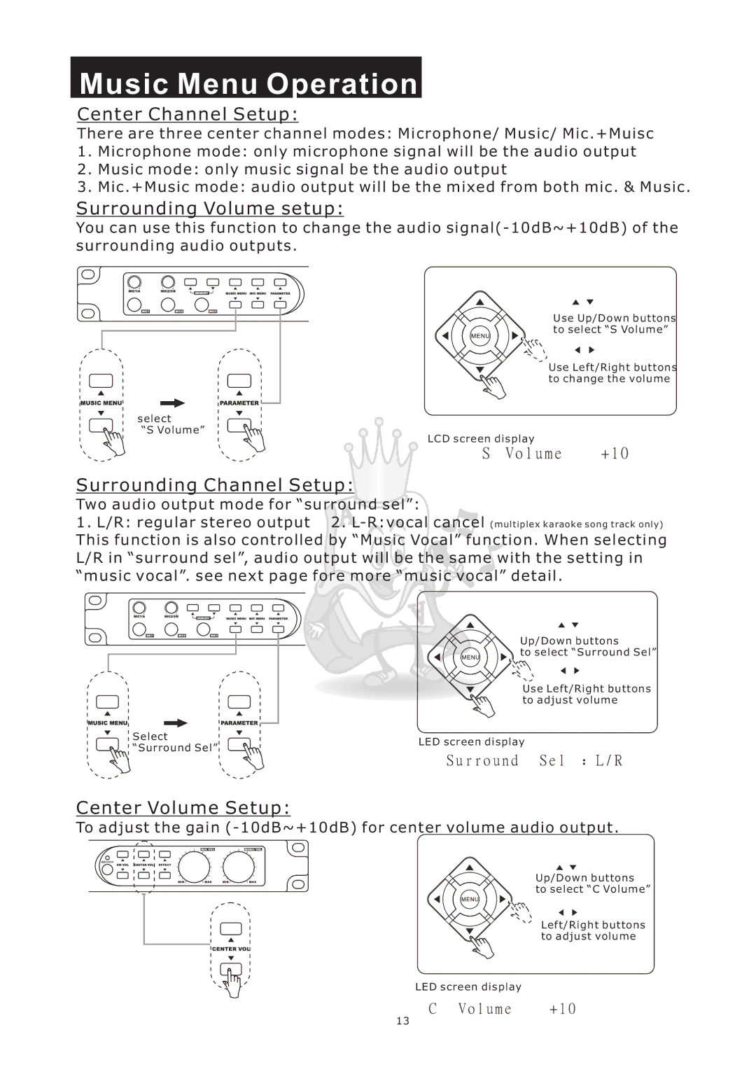 Acesonic KM-360 user manual Center Channel Setup, Surrounding Volume setup, Surrounding Channel Setup, Center Volume Setup 