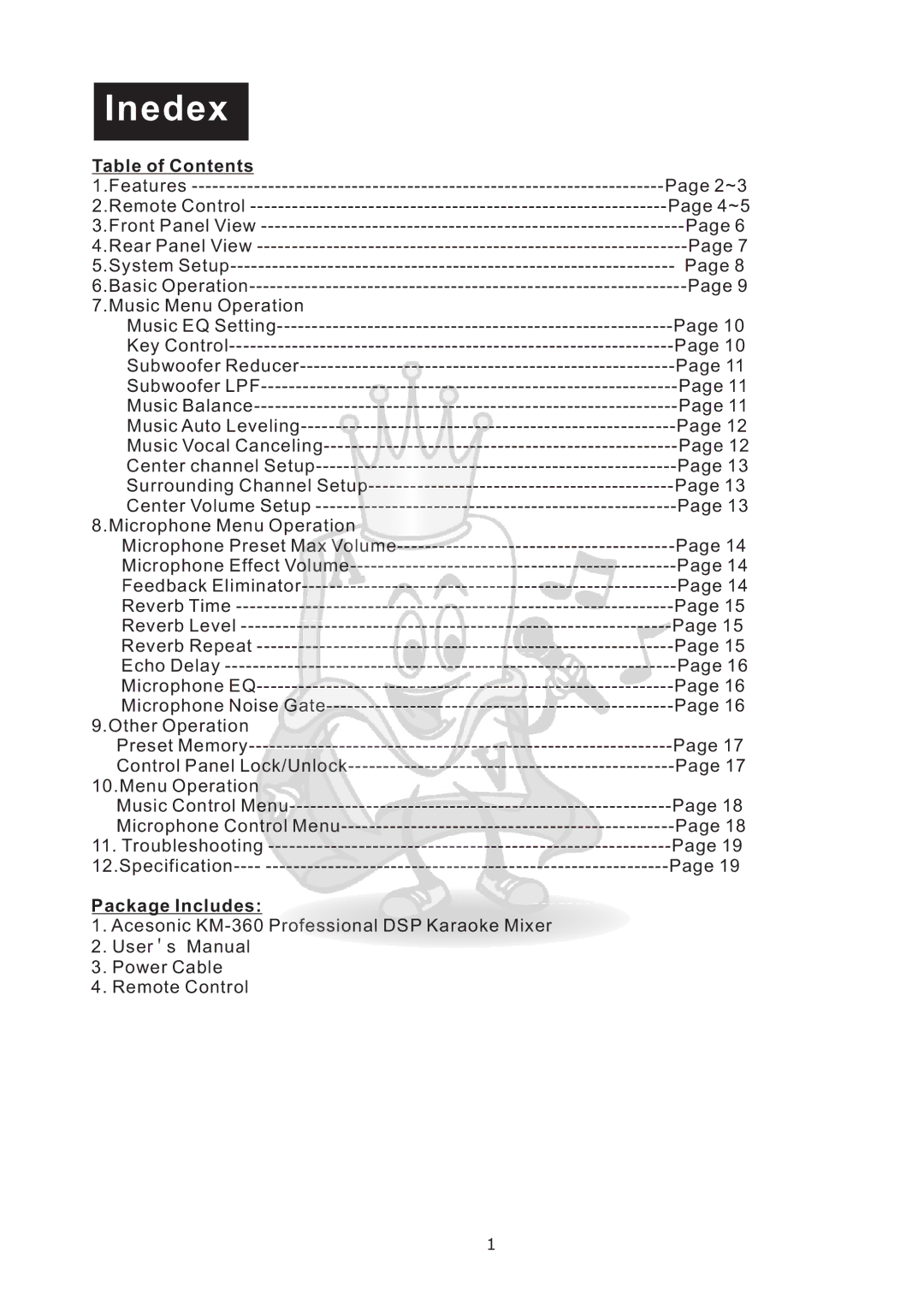 Acesonic KM-360 user manual Inedex, Table of Contents 