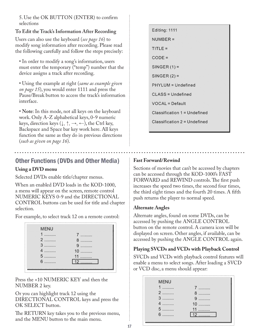 Acesonic KOD-1000 user manual Other Functions DVDs and Other Media 